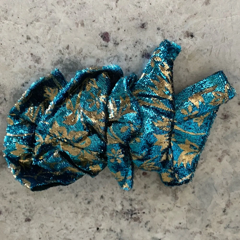 NEW Vintage Blue & Gold Pattern Silky Fabric Hair Bow Clip Barrette